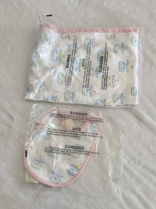 The Beaufort Bonnet Company Candy Stripe Carousel Baby Buggy Blanket and Bib Set